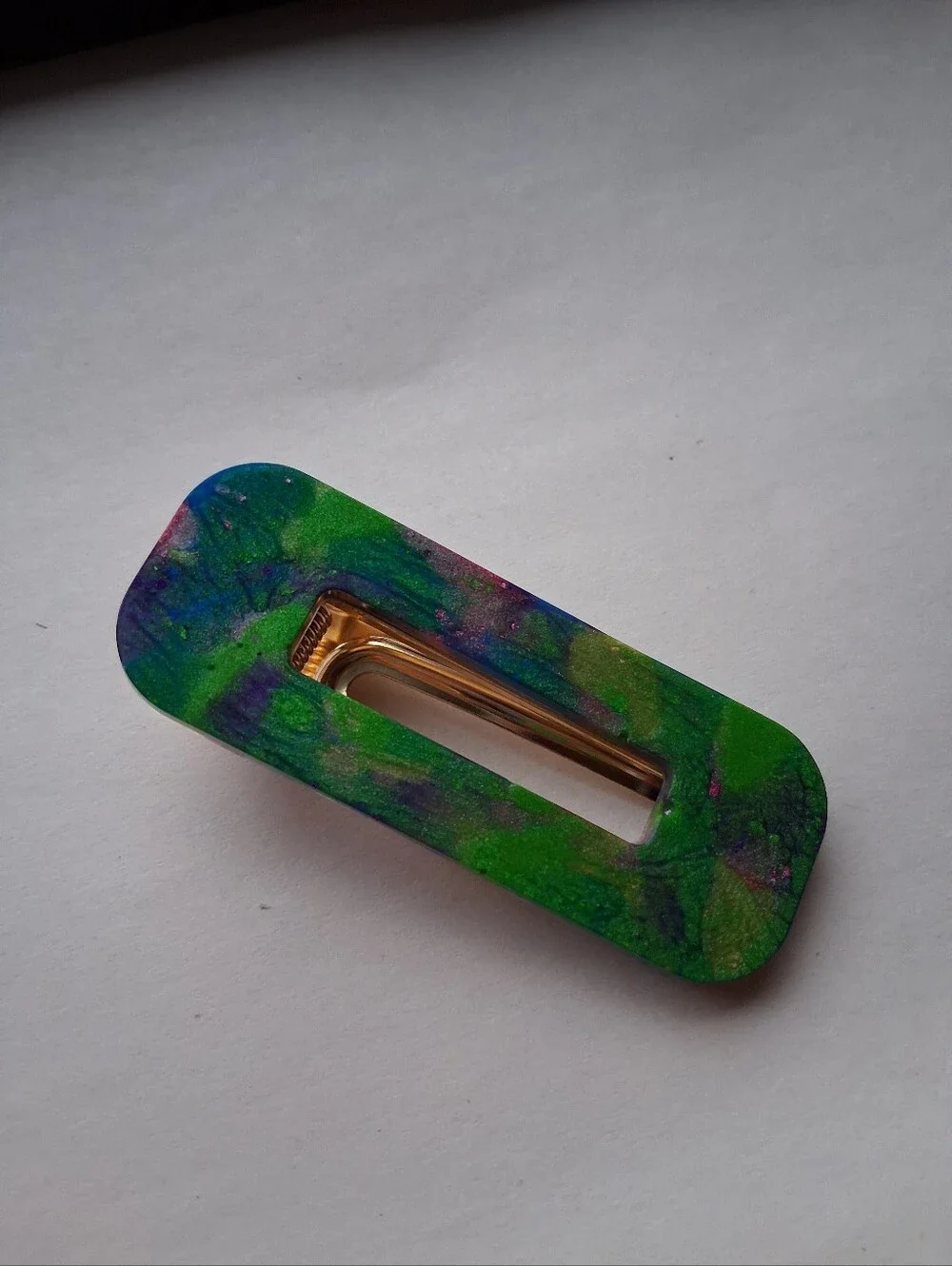 5/$25 Hand Crafted Green and Blue Marble Hair Clip with Gold Accent